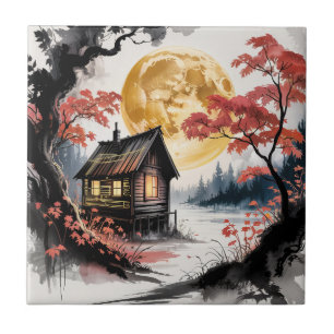 Mondbeschienene Hütte Japanischer Wald Kunst (7) Fliese