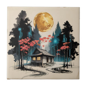 Mondbeschienene Hütte Japanischer Wald Kunst (9) Fliese