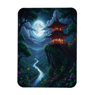 Mondbeschienene japanische Pagode auf einer Klippe Magnet