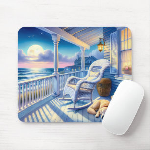Mondbeschienene Küstenveranda mit Hund und Ozeansi Mousepad