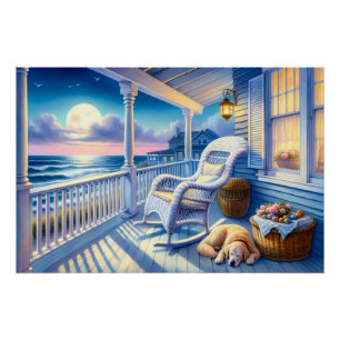 Mondbeschienene Küstenveranda mit Hund und Ozeansi Poster