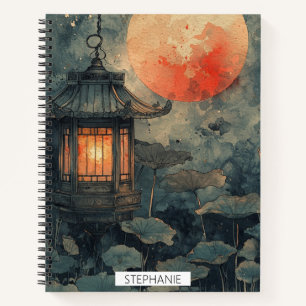 Mondbeschienene Lotoslaterne Aquarell Notizbuch