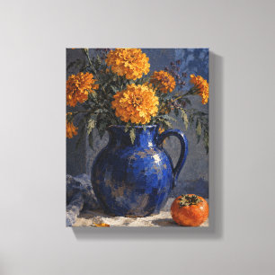Mondbeschienene Ringelblumen in einem Kobaltkrug   Leinwanddruck