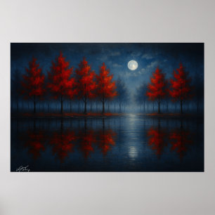Mondbeschienene rote Waldreflexionen – Mystische N Poster