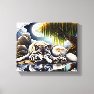 Mondbeschienene Ruhe Ein schlafender Wolf 10x8 Leinwanddruck