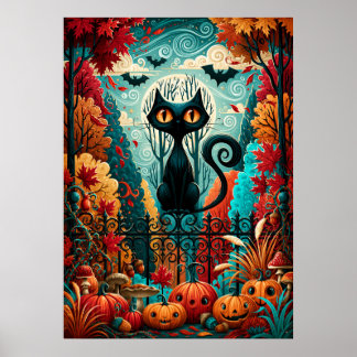 Mondbeschienene schwarze Katze Kürbis Fantasie Poster