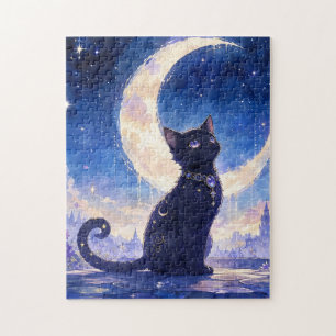 Mondbeschienene schwarze Katzenpuzzle Puzzle