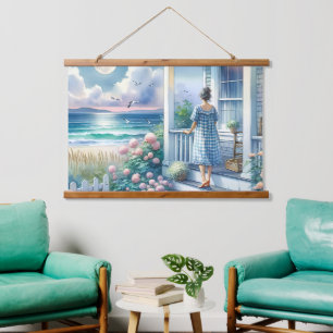 Mondbeschienene Veranda eines Cottage am Meer Wandteppich Mit Holzrahmen