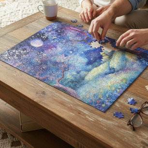 Mondbeschienene verzauberte Waldnachtlandschaft Puzzle