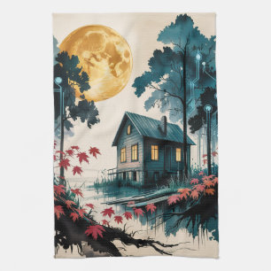 Mondbeschienene Waldhütte Japanische Wald Kunst (1 Geschirrtuch