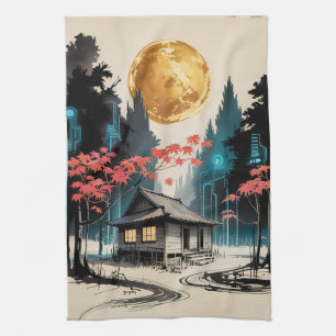 Mondbeschienene Waldhütte Japanische Wald Kunst (9 Geschirrtuch