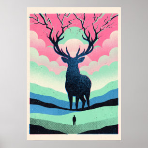 Mondbeschienener Hirsch und einsame Figur Retro-Ku Poster