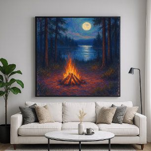 Mondbeschienener Lagerfeuer-See - Pastell-Malstil- Poster