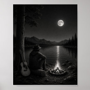Mondbeschienener Lagerfeuer-Wanderer Schwarz-Weiß- Poster