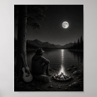 Mondbeschienener Lagerfeuer-Wanderer Schwarz-Weiß- Poster