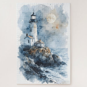 Mondbeschienener Leuchtturm an der felsigen Küste Puzzle