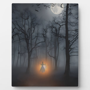 Mondbeschienener nebliger Wald & leuchtende Figur Fotoplatte