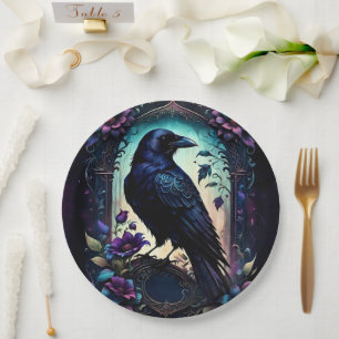 Mondbeschienener Rabe Gothic Floral Hochzeitssui Pappteller