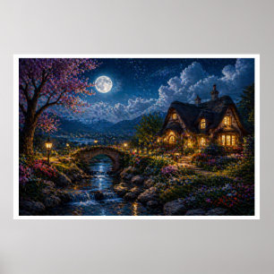 Mondbeschienener verzauberter Cottage-Leinwanddruc Poster