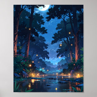 Mondbeschienener Waldfluss Poster