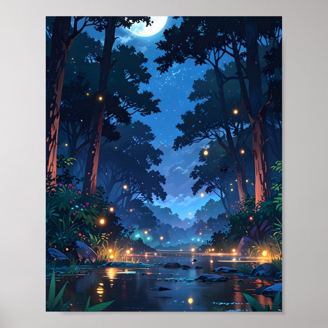 Mondbeschienener Waldfluss Poster (Vorne)