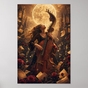Mondbeschienenes Cello-Träumerei-Gotik-Fantasy-Pos Poster