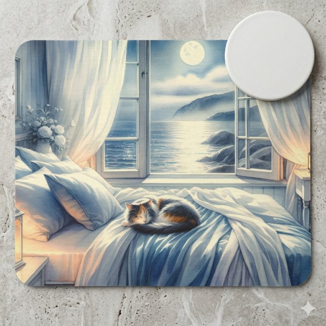 Mondbeschienenes Küsten-Schlafzimmer mit schlafend Mousepad (Moonlit Coastal Bedroom with Sleeping Cat Mouse Pad)