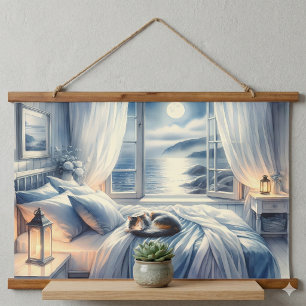 Mondbeschienenes Küsten-Schlafzimmer mit schlafend Wandteppich Mit Holzrahmen