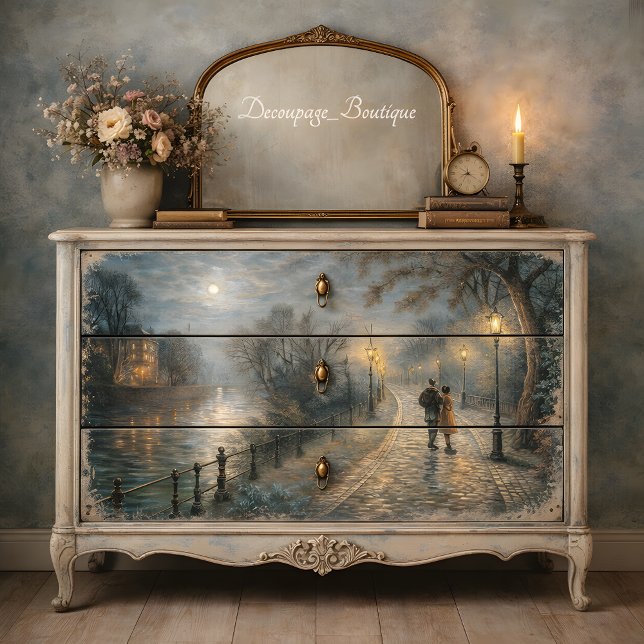 Mondbeschienenes Paar beim Spaziergang auf dem Flu Seidenpapier (Moonlit Couple Walking Riverside Path Decoupage Tissue Paper Mockup)