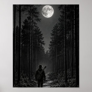 Mondbeschieneter Kiefernwald Wanderer mit Gitarre Poster