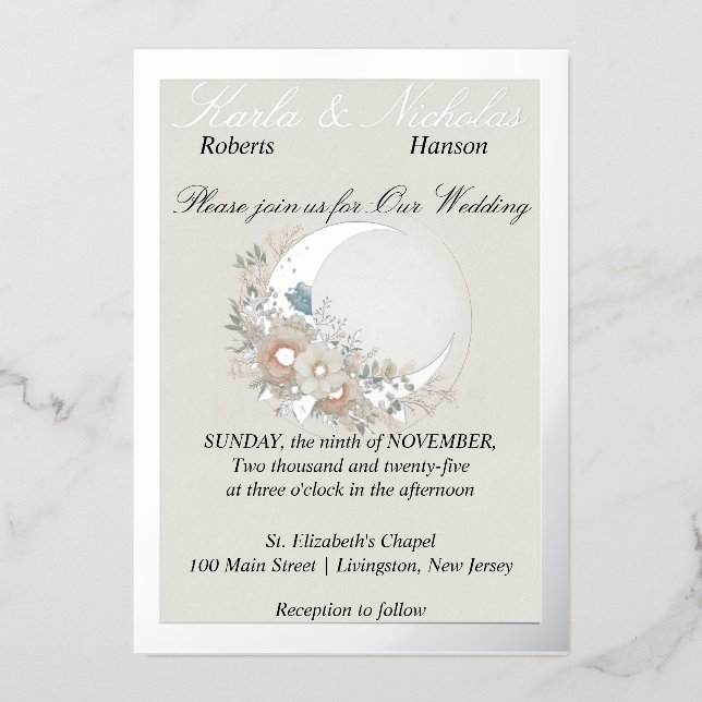 Mondblume aus Weiß, breites Silber Folieneinladung (Vorderseite)