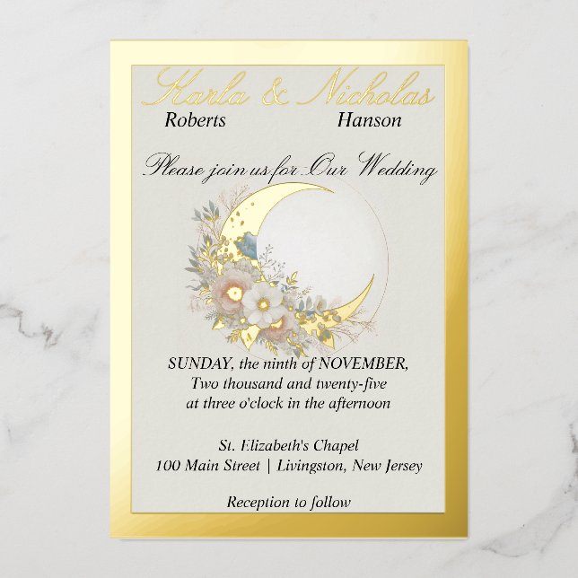 Mondblume aus Weiß, Goldr Folieneinladung (Vorderseite)