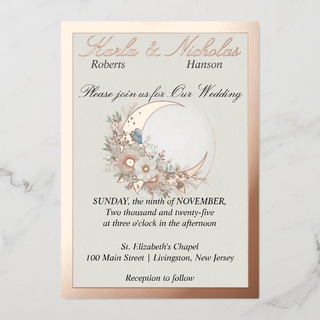 Mondblume aus Weiß, große Rose Gold Folieneinladung (Vorderseite)