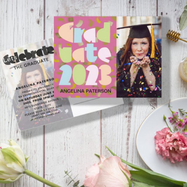 Mondern Pastel Abschluss Foto Confetti Party Einladungspostkarte (Von Creator hochgeladen)