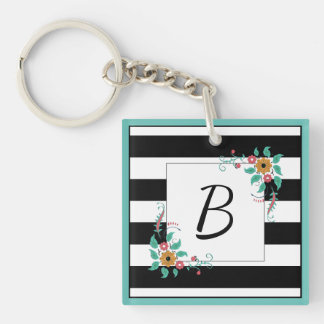 Mondern Schwarze Streifen und florale Monogramm Schlüsselanhänger