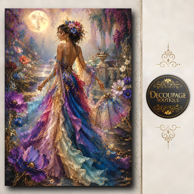 Mondfrau in floraler Patchworkrobe im Garten Seidenpapier (Moonlit Woman In Floral Patchwork Gown Garden Tissue Paper)