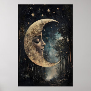 Mondgesicht im Wald Druck, Gothic Hexenposter Poster