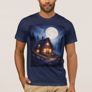 Mondhelle Hütten-Nachtszene Grafik Szene Herren- T-Shirt