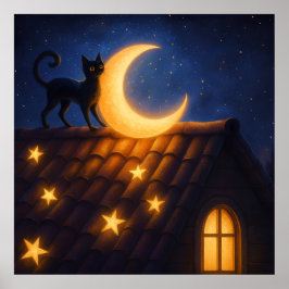 Mondkatze auf sternbedecktem Dach Poster