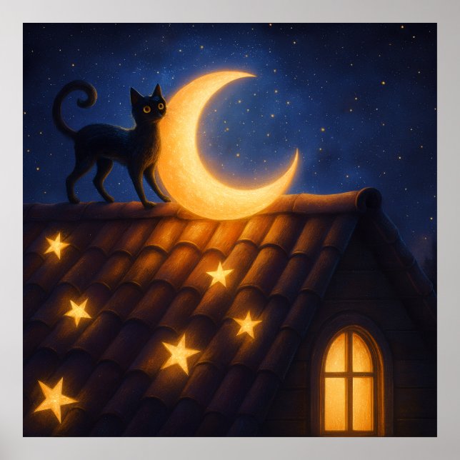 Mondkatze auf sternbedecktem Dach Poster (Vorne)