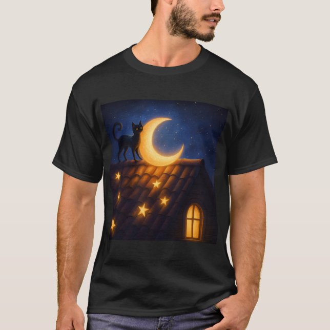 Mondkatze auf sternbedecktem Dach T-Shirt (Vorderseite)