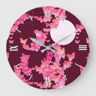 Mondlandschaft mit Schmetterlingen - Rosa, Bordeau Große Wanduhr