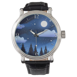 Mondlandschaft mit Sternen und Kiefern Armbanduhr