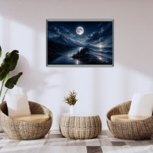 Mondlicht-Bergsee-Wandkunstposter - Vollmond