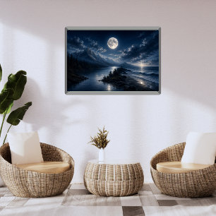 Mondlicht-Bergsee-Wandkunstposter - Vollmond Fotodruck