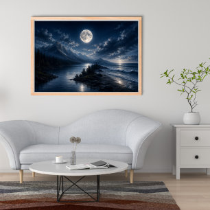 Mondlicht-Bergsee-Wandkunstposter - Vollmond Poster