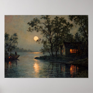 Mondlicht-Fluss-Cottage-Nachtmalerei Poster
