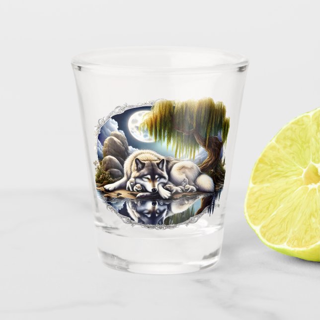 Mondlicht-Heiligkeit ein schlummernder Wolf Schnapsglas (Vorderseite)