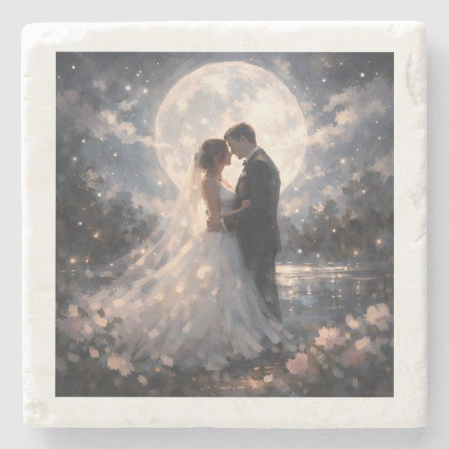 Mondlicht Hochzeitspaar Romantisch Steinuntersetzer (Vorderseite)