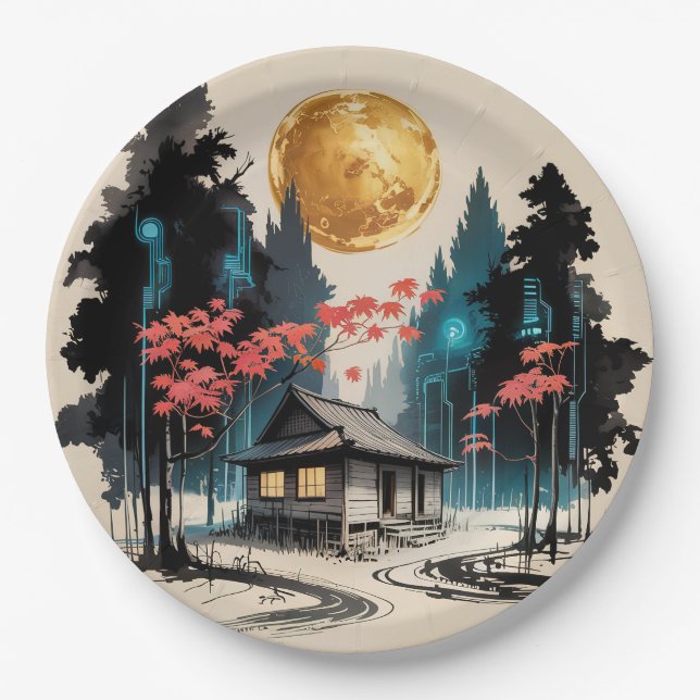 Mondlicht-Hütte Japanischer Wald Kunst (9) Pappteller (Vorderseite)